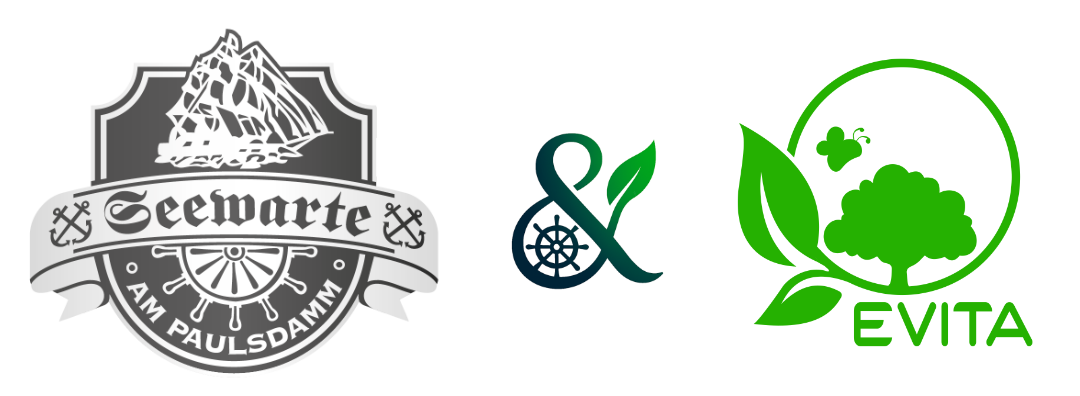 Seewarte und Evita Logo nebeneinander verbunden durch ein und Zeichen mit einem Ruder und einem Blatt